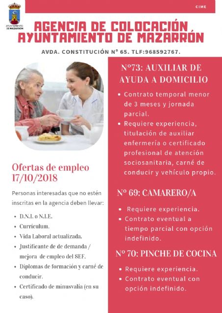 Ofertas de empleo de la agencia municipal 18/10/2018