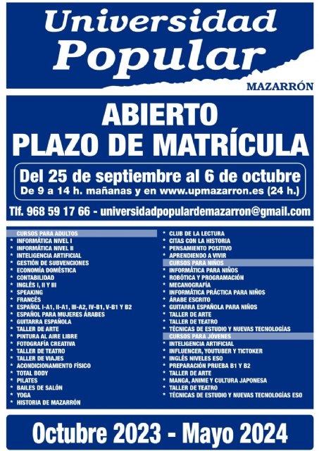 La Universidad Popular abre el próximo lunes 25 de septiembre el plazo de matrícula en sus cursos y talleres
