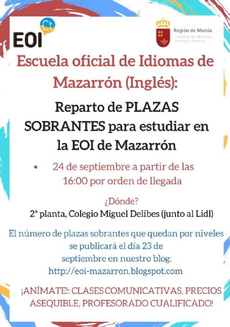 Este martes 24 se reparten las plazas sobrantes de la EOI de Mazarrón